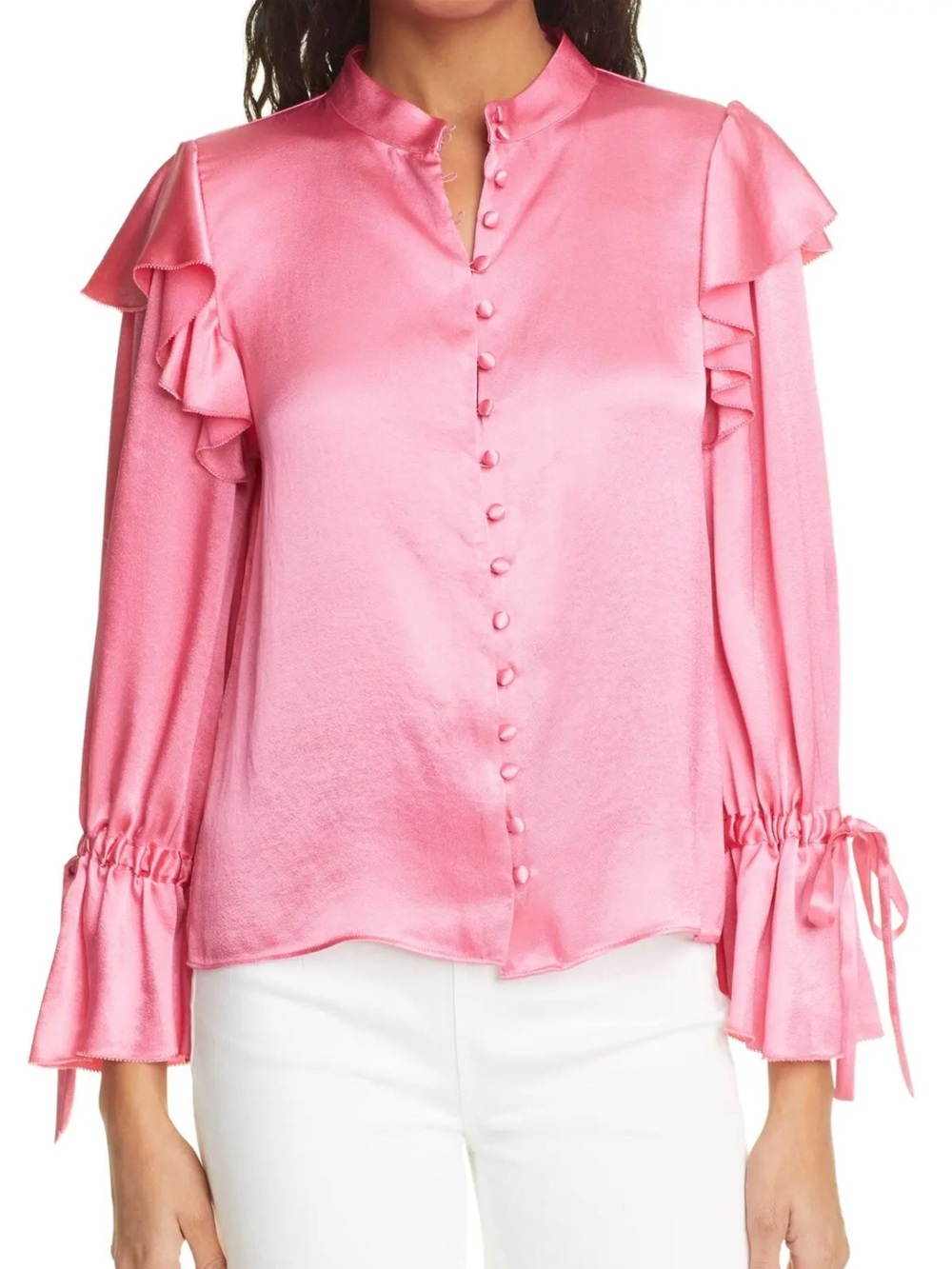 ALICE + OLIVIA Brayden Ruffle Detail Long Sleeve Satin Blouse